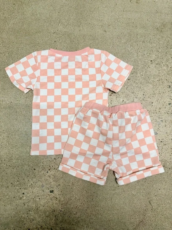 Kids Pink Checkerboard Short Set - Short Sleeve Tee & Drawstring Shorts (18-24) - Picture 4 of 4